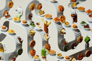3D illustration of a winding conveyor belt with several dishes of food and figures watching
