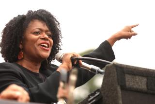 LOS ANGELES, CA - SEPTEMBER 17, 2022 - - Lola Smallwood- Cuevas, running for California State Senator, makes a speech during a rally and BBQ at the headquarters for The Los Angeles County Federation of Labor, AFL-CIO to help mobilize for this election season in Los Angeles on September 17, 2022. (Genaro Molina / Los Angeles Times)