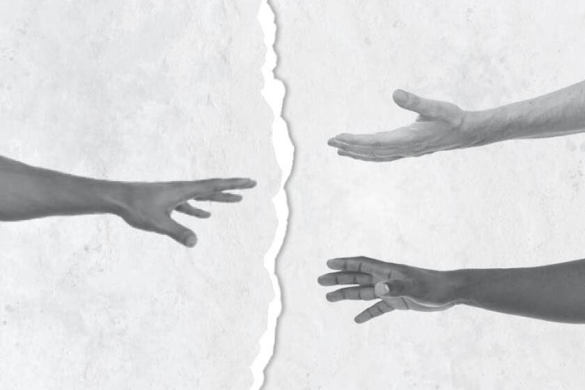 Photo illustration of three hands reaching to one another.