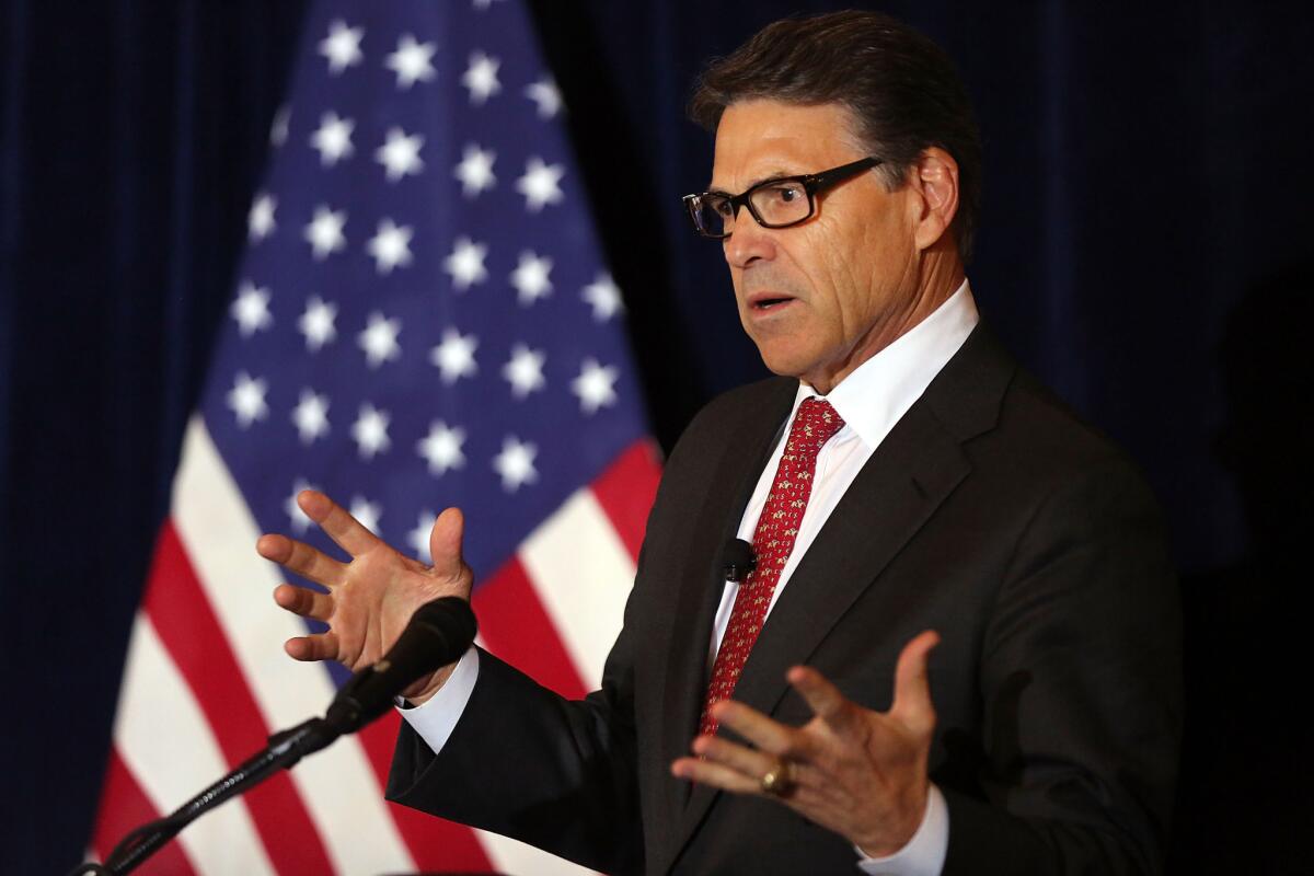 NEW YORK, NY - JULY 29: Former Texas Governor and Republican presidential candidate Rick Perry speaks at the Yale Club on July 29, 2015 in New York City. The GOP presidential candidate gave a talk to a lunch crowd on what his economic policies are and his vision for Wall Street reform. Perry's economic proposals are to the left of many of the other GOP presidential candidates. (Photo by Spencer Platt/Getty Images) ** OUTS - ELSENT, FPG - OUTS * NM, PH, VA if sourced by CT, LA or MoD **