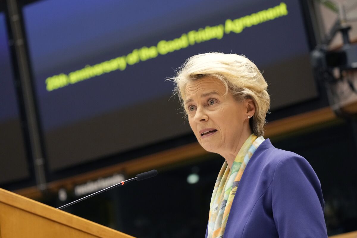 European Commission President Ursula von der Leyen speaks during a ceremony for the Good Friday Agreement at a plenary session in the European Parliament in Brussels, Wednesday, March 29, 2023. (AP Photo/Virginia Mayo)