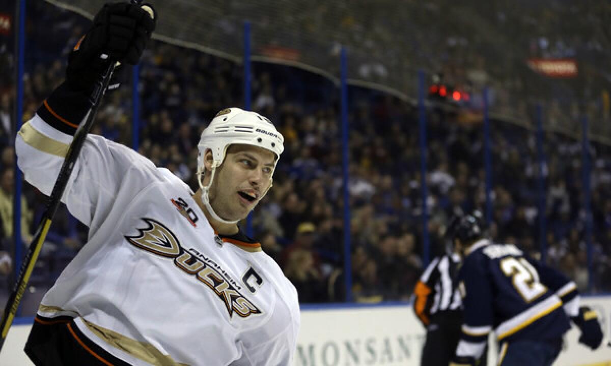 Ducks captain Ryan Getzlaf celebrates after scoring a goal during the first period of Saturday's 3-2 win over the St. Louis Blues.