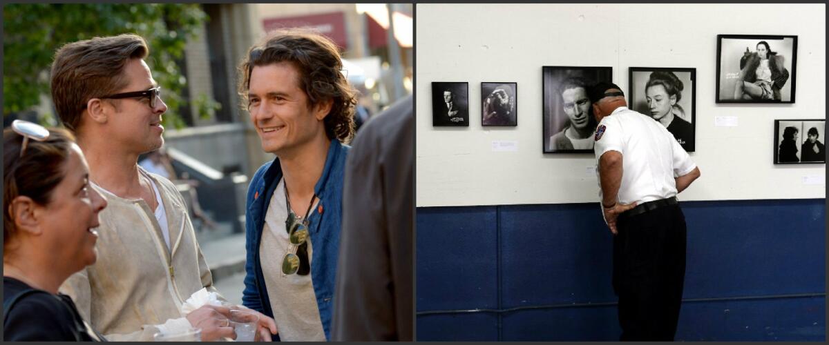 Left photo: Actor/producer Brad Pitt, left, and actor Orlando Bloom attend the Paris Photo Los Angeles private preview at Paramount Studios on Thursday in Hollywood. Right: A firefighter examines victim pictures that are part of the "Unedited! LAPD Photo Archives" exhibit at Paris Photo Los Angeles.