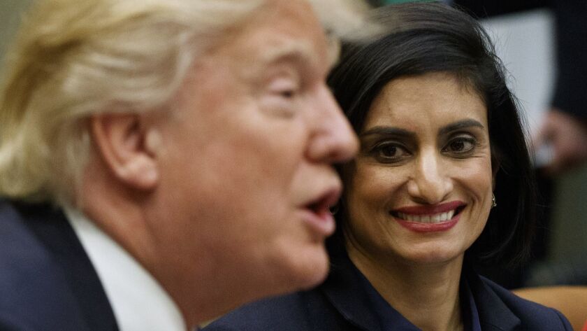 Partners in sabotage: ACA overseer Seema Verma, right, listens to her boss, President Trump, talk about healthcare.