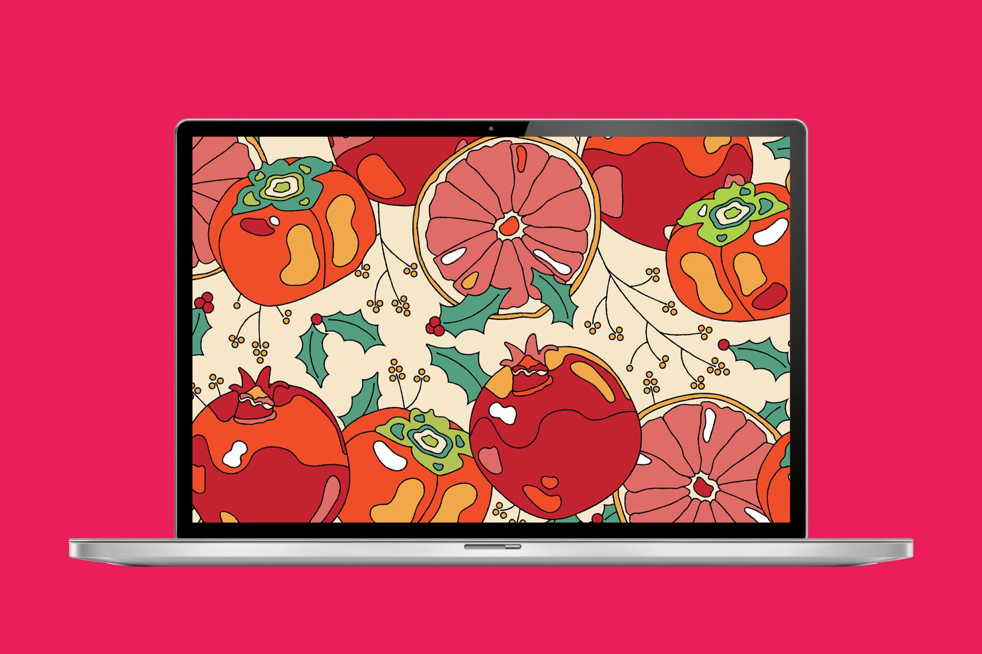 Mockup of a Zoom background with a pomegranate illustration.