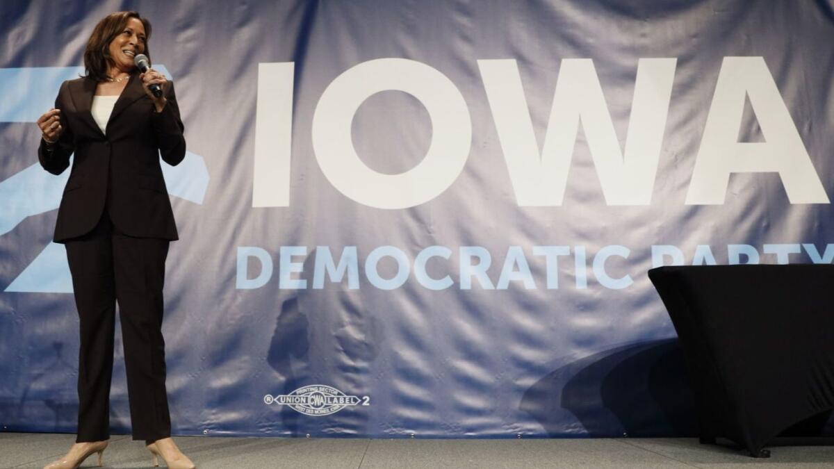 Sen. Kamala Harris speaks during the Iowa Democratic Party's Hall of Fame Celebration on Sunday.