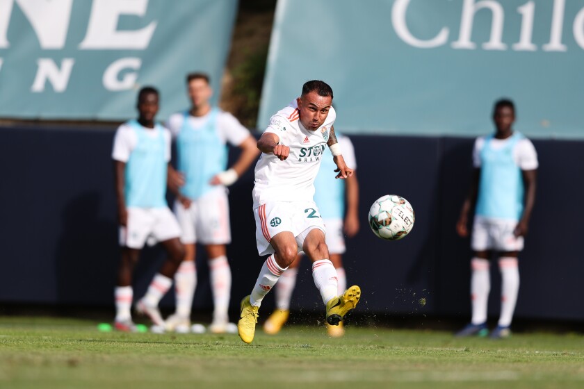 Miguel Ibarra delivers a pass for SD Loyal in last Saturday's match against Sacramento Republic.