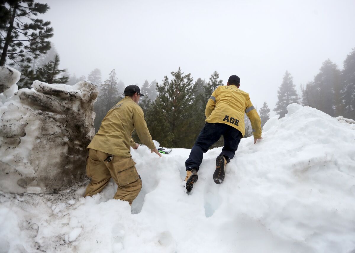 Two men in tan firefighters uniforms climb over a snow bank, away for the camera. Pine-tree tops are on the horizon.