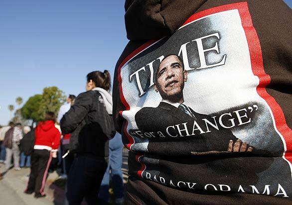 Linda Williams-Taylor of Chino wears an image of President Obama on her sweatshirt.