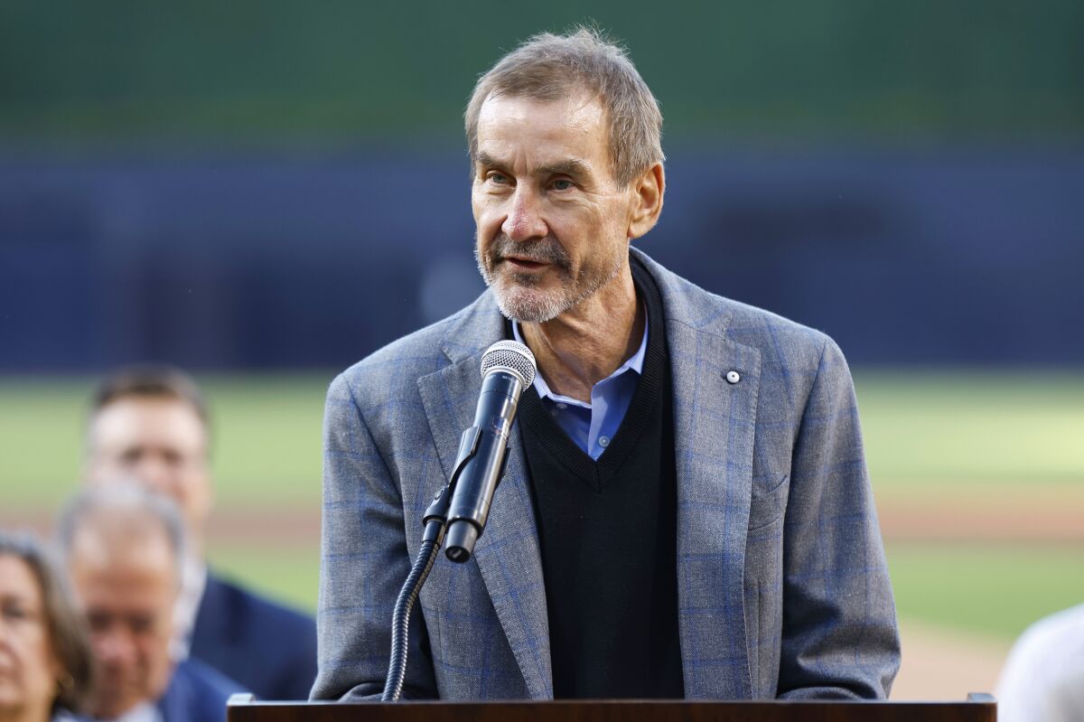 Padres owner Peter Seidler speaks during a Hall of Fame ceremony July 7 at Petco Park.