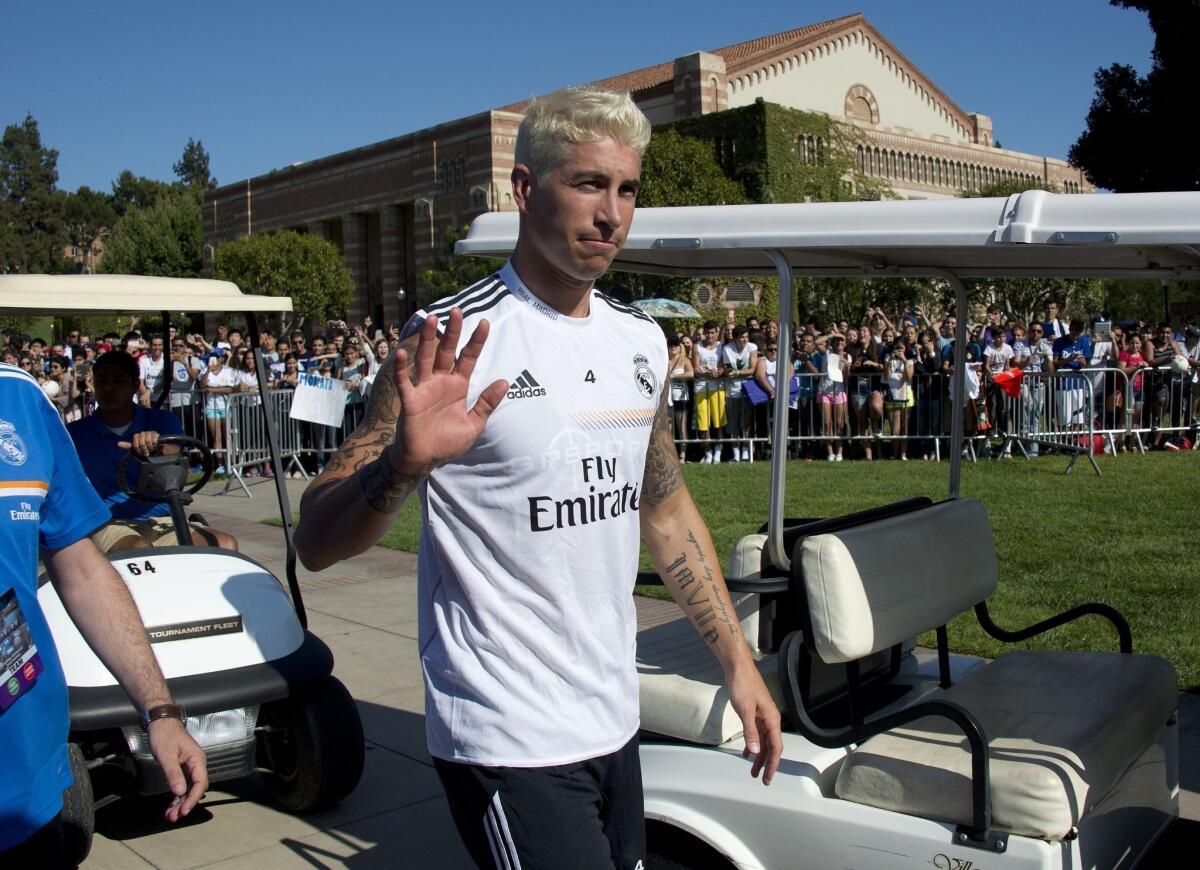 Real Madrid defender Sergio Ramos arrives at a team training session at the UCLA campus on Monday.