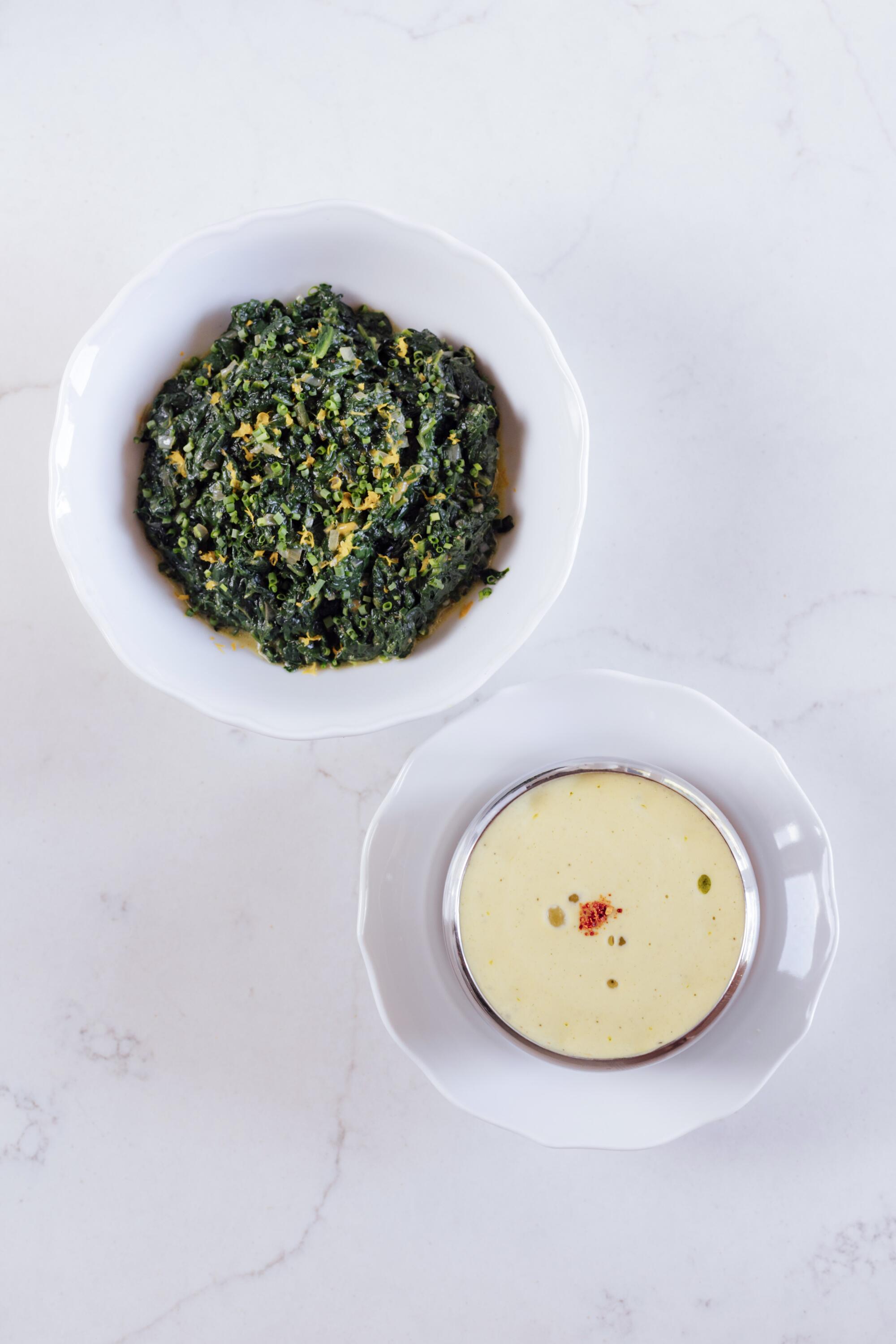 The dish "lentils & lamb" at Camphor is served in two bowls.