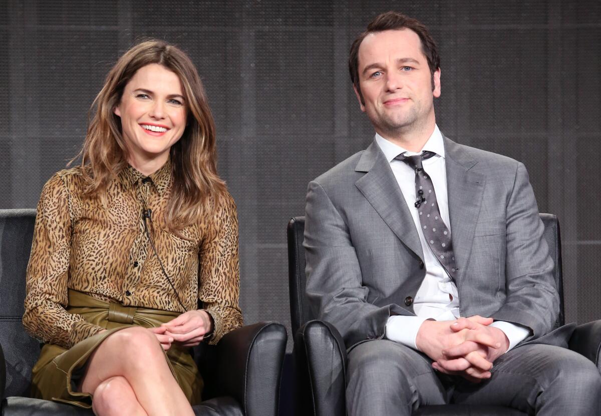 "The Americans" costars Keri Russell, left. and Matthew Rhys speak onstage during the Television Critics Association press tour at Langham Hotel on Jan. 18, 2015 in Pasadena.