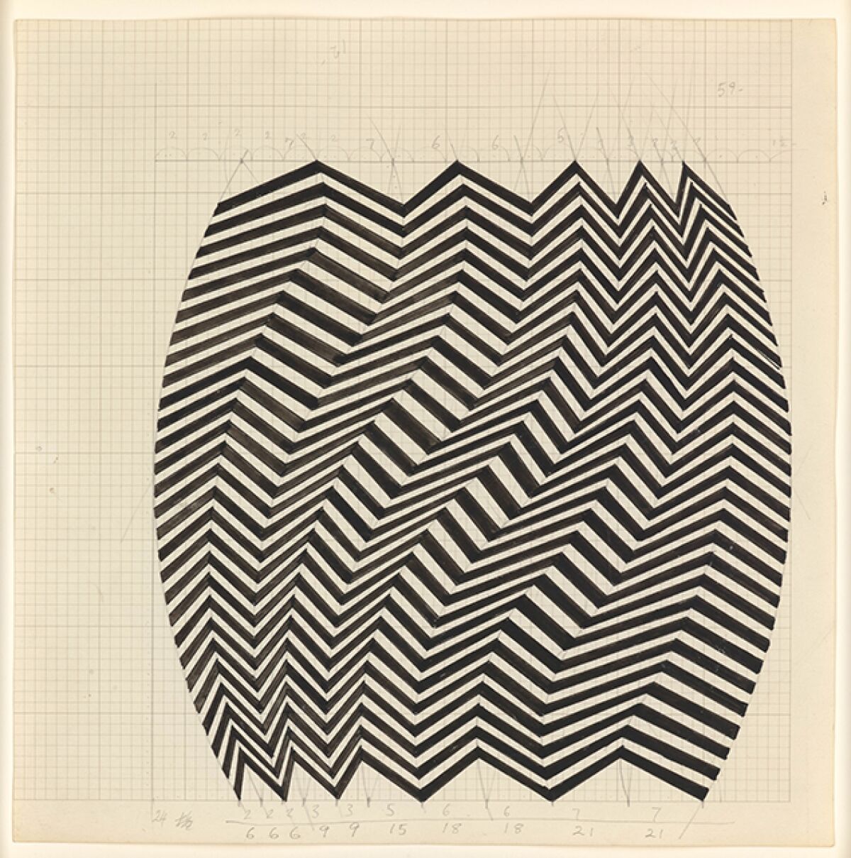 A op-art piece that's black and white zigzag lines on a lavender background