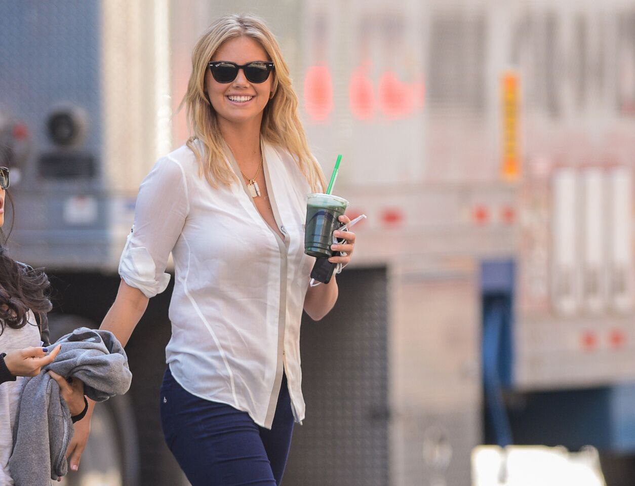 Actress Kate Upton enters her trailer at "The Other Woman" movie set in Tribeca in New York City.
