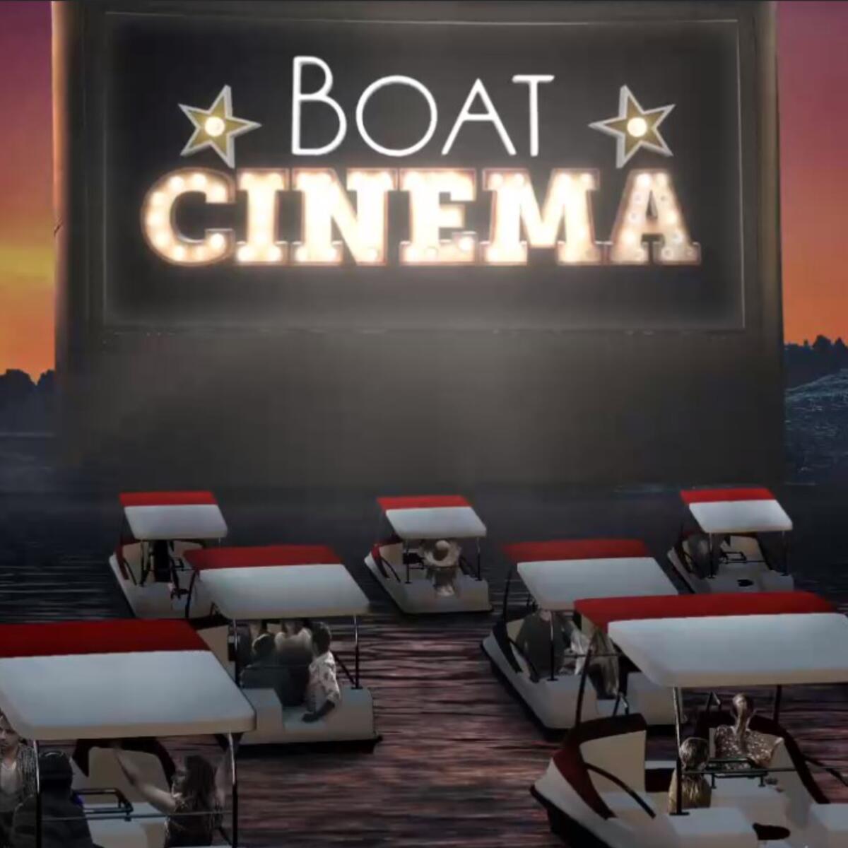Graphic of a huge movie screen with lots of boats in the water facing it.
