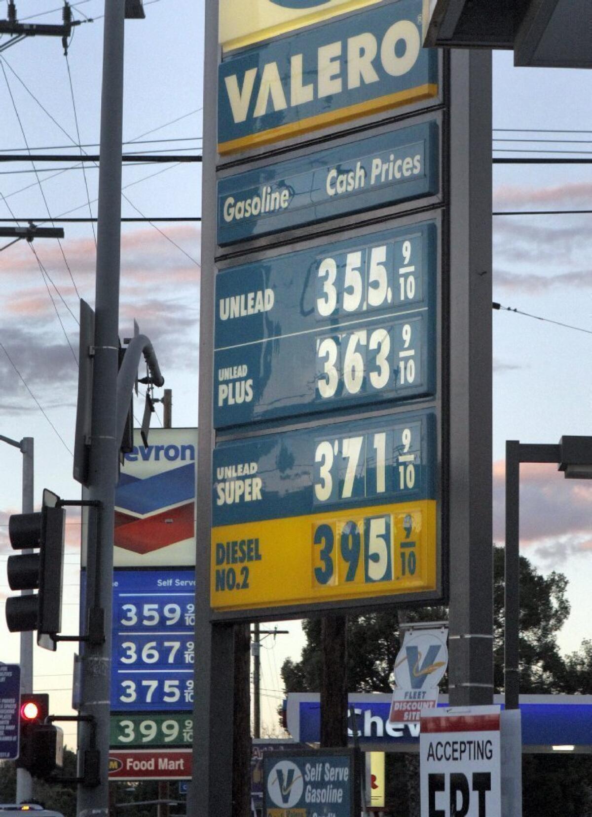Competing gas prices at L.A.-area stations. State tax officials will adjust the gas tax down by 3.5 cents per gallon on July 1.