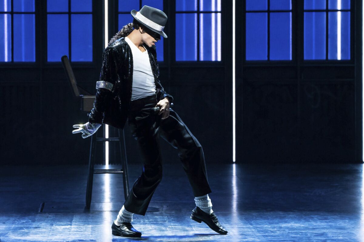 This image released by O & M Co./DKC shows Myles Frost during a performance of the musical "MJ." (Matthew Murphy/O & M Co./DKC via AP)
