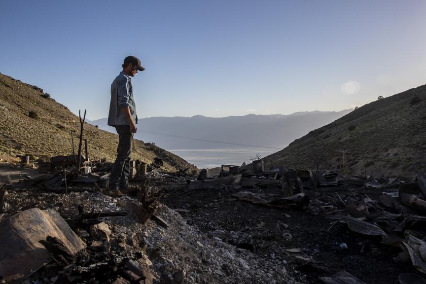 CERRO GORDO, CA - JUNE 17: Brent Underwood stands amid the surviving tin and wooden American Hotel after a fire at the Cerro Gordo ghost town Monday morning in the Inyo Mountains burned down the hotel, icehouse and home of the notorious killer Billy Crapo on Wednesday, June 17, 2020 in Cerro Gordo, CA. (Brian van der Brug / Los Angeles Times)