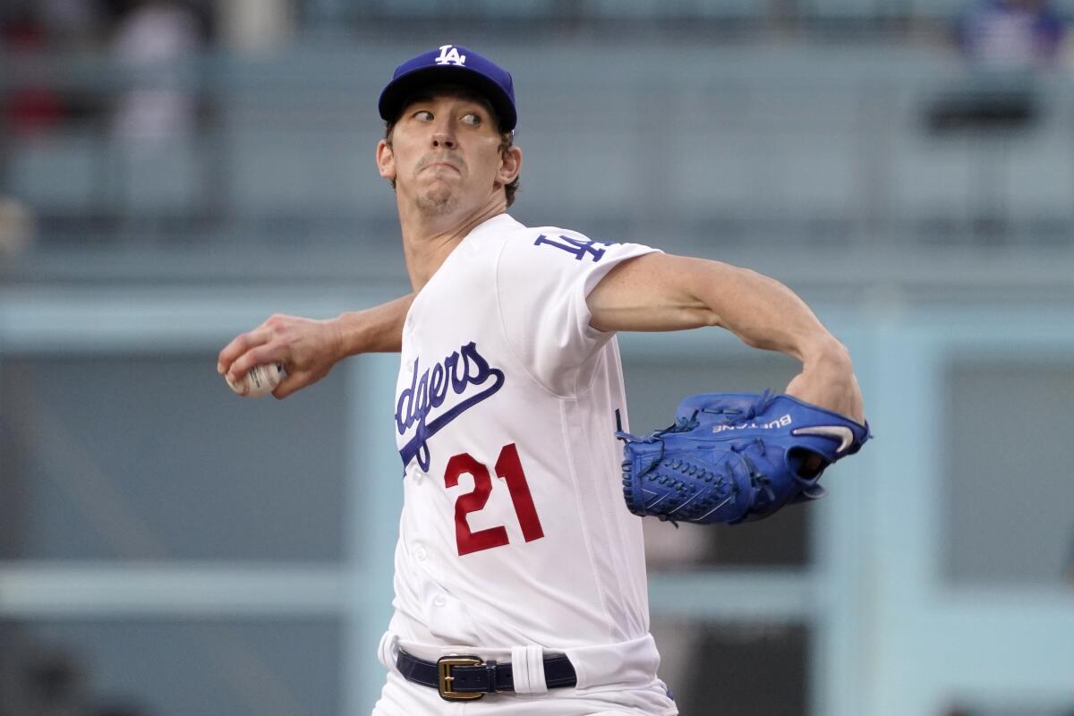 Dodgers starting pitcher Walker Buehler delivers during the first inning of a 3-1 win.