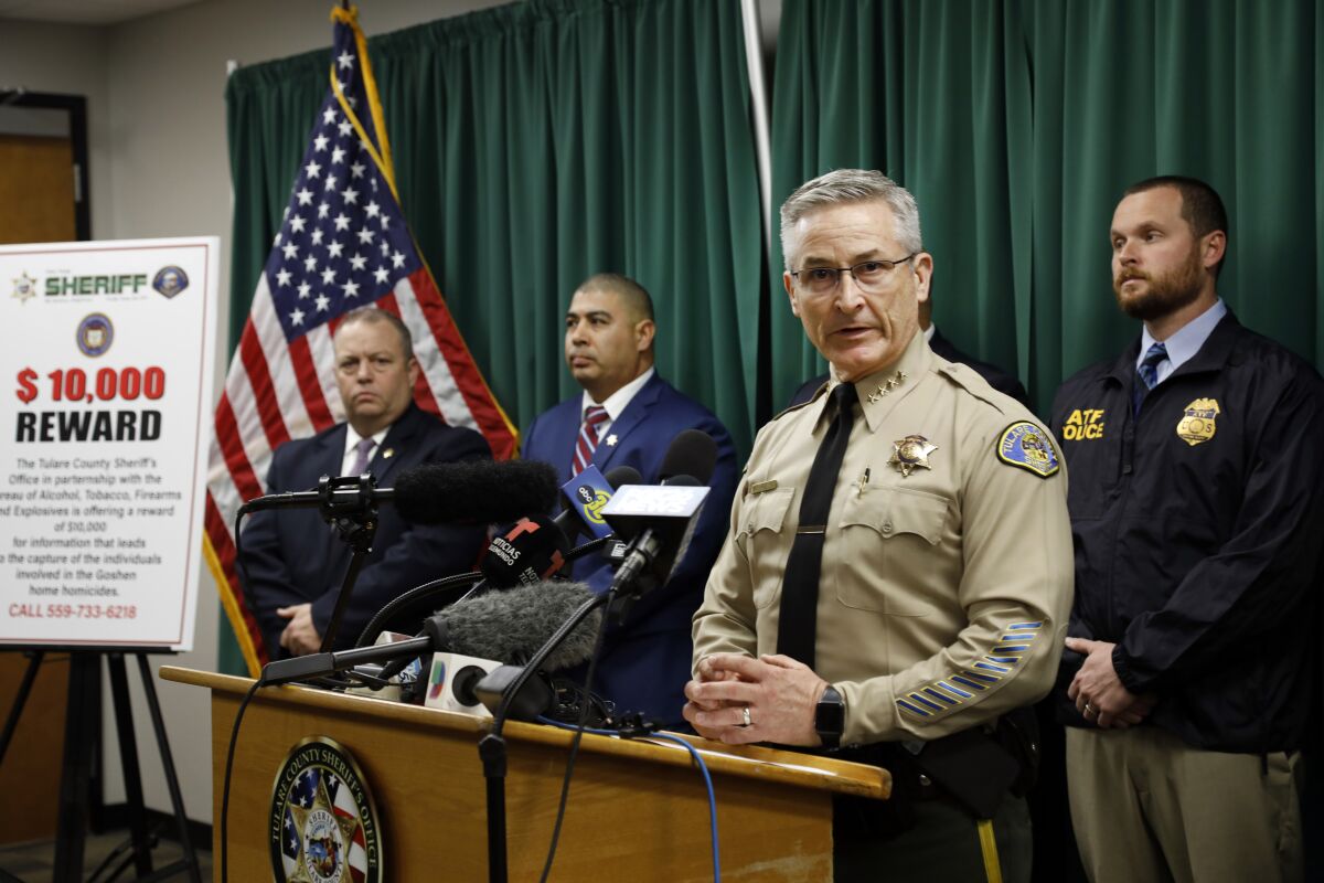 Tulare County Sheriff Mike Boudreaux speaks during a news conference.