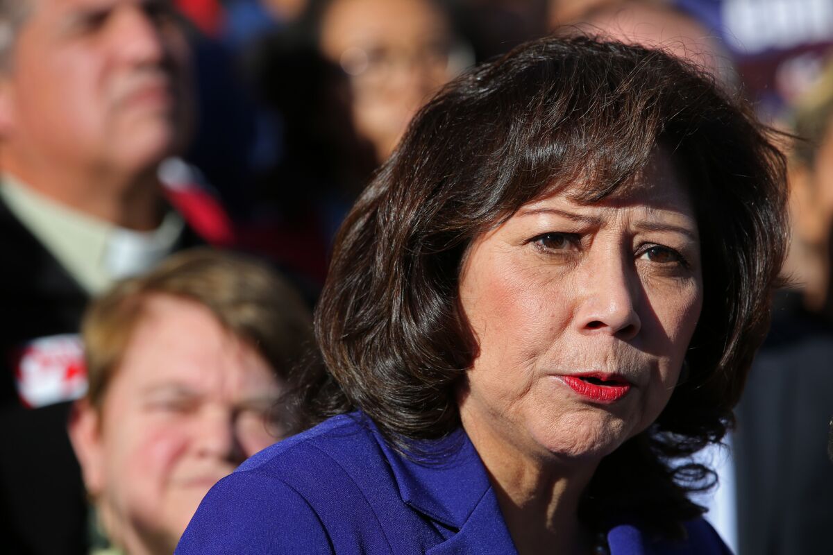 Los Angeles County Supervisor Hilda Solis at a news conference Tuesday held to highlight opportunity for Los Angeles County to assist in the implementation of President Obama's executive action on immigration.