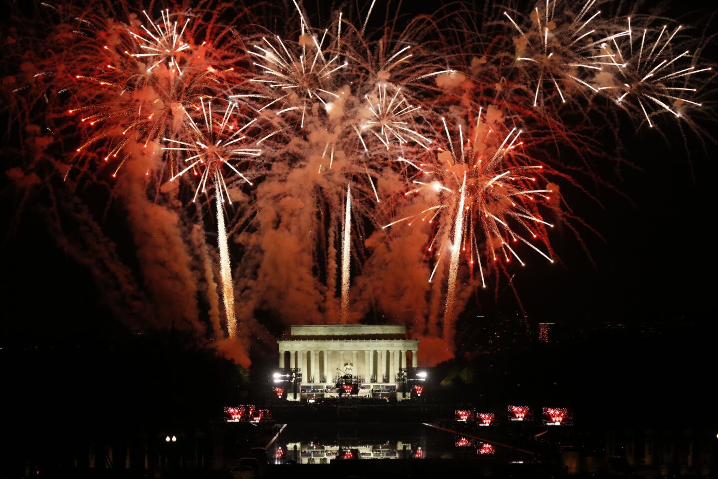 Fireworks explode over the Lincoln Memorial after the public concert and appearance by President Elect Donald Trump.