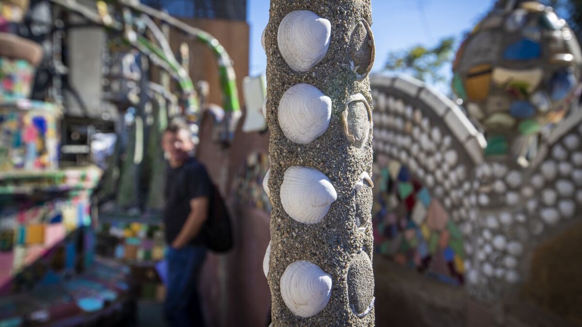 A view of shells embedded in the Watts Towers by Sabato Rodia. He built the structures over a period of 33 years.