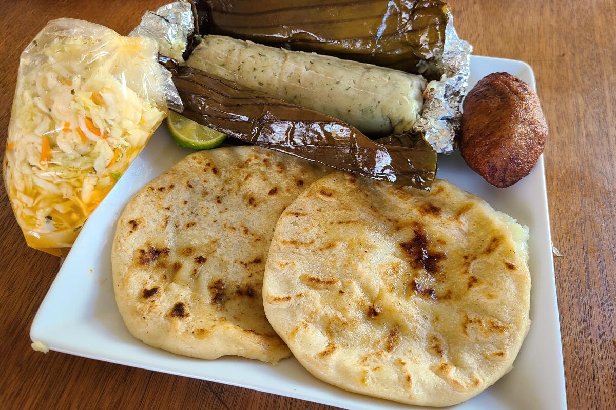 Pupusas and tamales from El Cerro Verde.