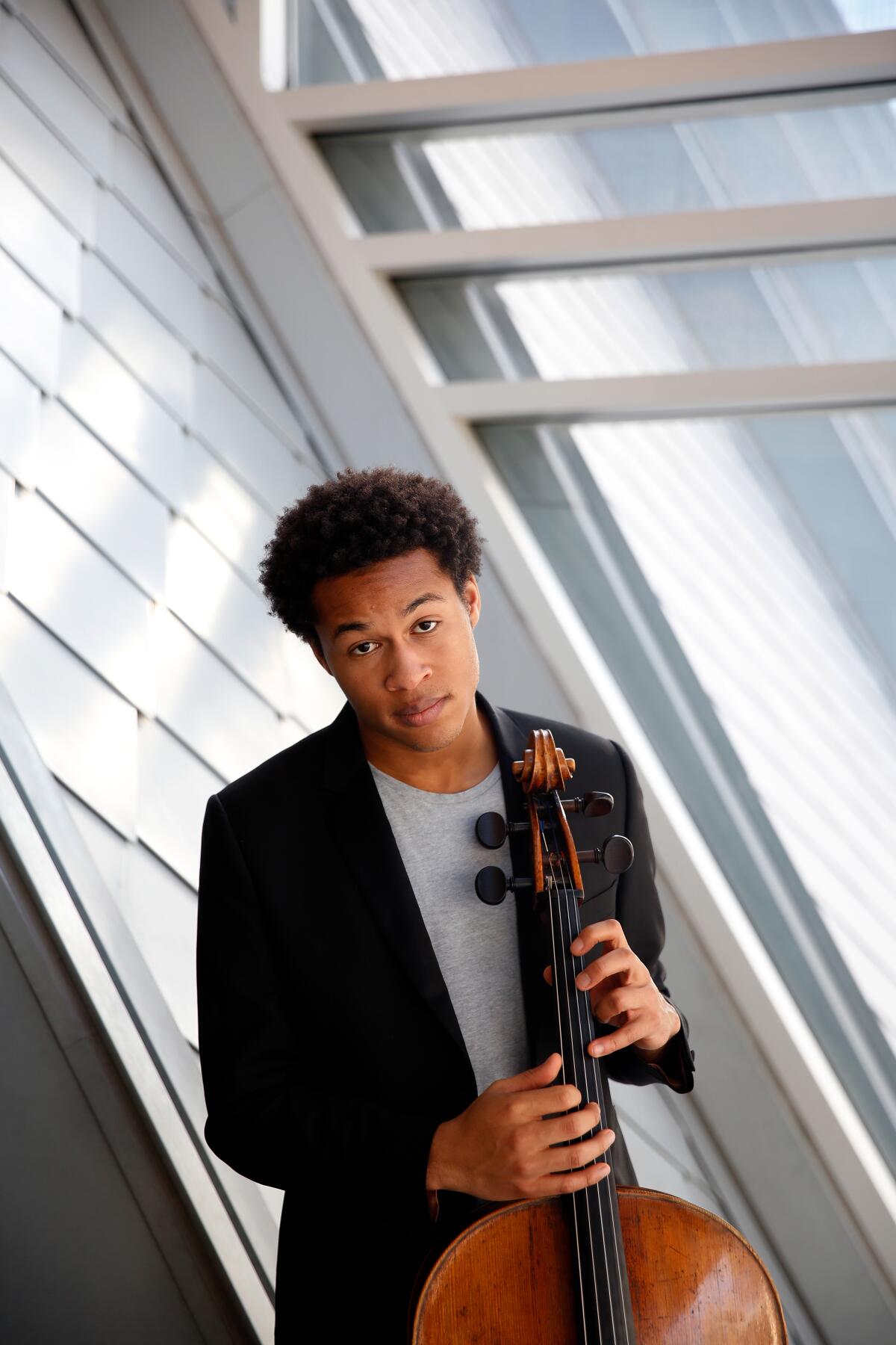 Twenty-year-old cello star Sheku Kanneh-Mason photographed at the Colburn School in Los Angeles.