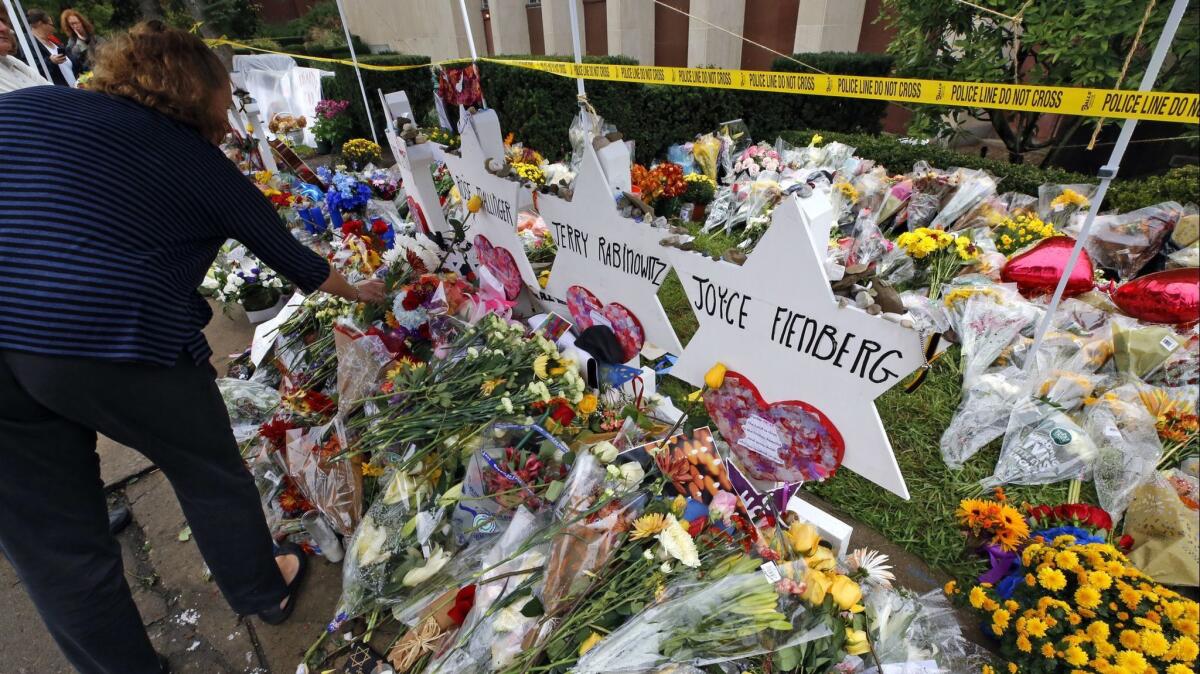 Flowers are placed at a makeshift memorial outside Pittsburgh's Tree of Life Synagogue in November.