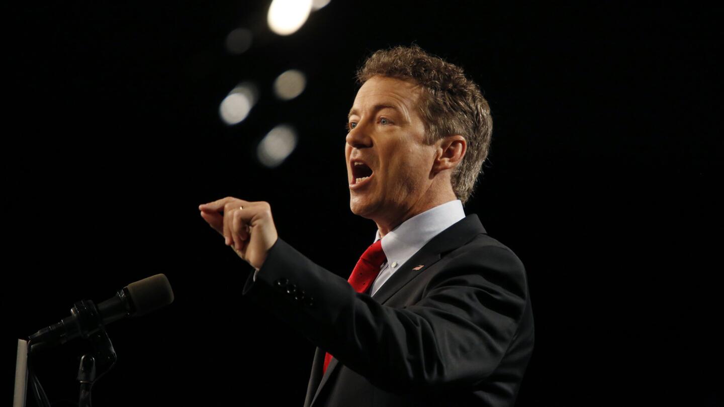 Sen. Rand Paul, R-Ky.,announces his candidacy for the Republican presidential nomination during an event at the Galt House Hotel on April 7 in Louisville, Ky.