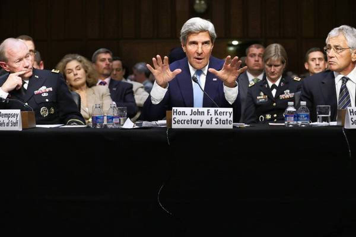 Secretary of State John F. Kerry, flanked by Defense Secretary Chuck Hagel, right, and Joint Chiefs Chairman Gen. Martin Dempsey, testifies before the Senate Foreign Relations Committee on the White House call for military action against Syria.