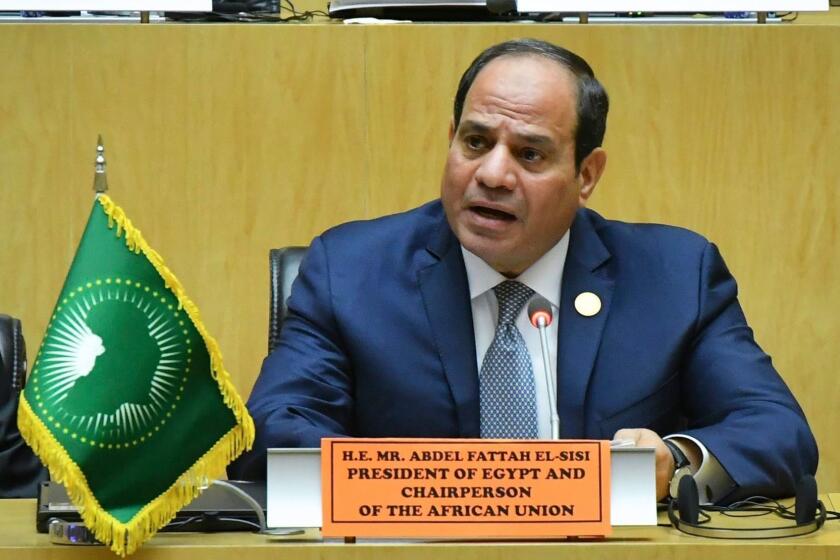 Mandatory Credit: Photo by STR/EPA-EFE/REX (10101854a) President of Egypt and newly-elected African Union Chairperson Abdel Fattah al-Sisi speaks during a closing news conference during the 32nd African Union Summit in Addis Ababa, Ethiopia, 11 February 2019. African heads of state and business leaders are gathering in the Ethiopian capital from 10 to 11 February under the theme 'Refugees, Returnees and Internally Displaced Persons: Towards Durable Solutions to Forced Displacement in Africa'. 32nd African Union Summit, Addis Ababa, Ethiopia - 11 Feb 2019 ** Usable by LA, CT and MoD ONLY **