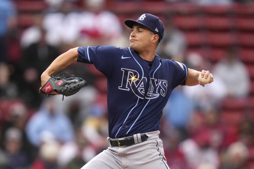 Tampa Bay Rays starting pitcher Shane McClanahan delivers during the fourth inning of a baseball game against the Boston Red Sox at Fenway Park, Monday, June 5, 2023, in Boston. (AP Photo/Charles Krupa)