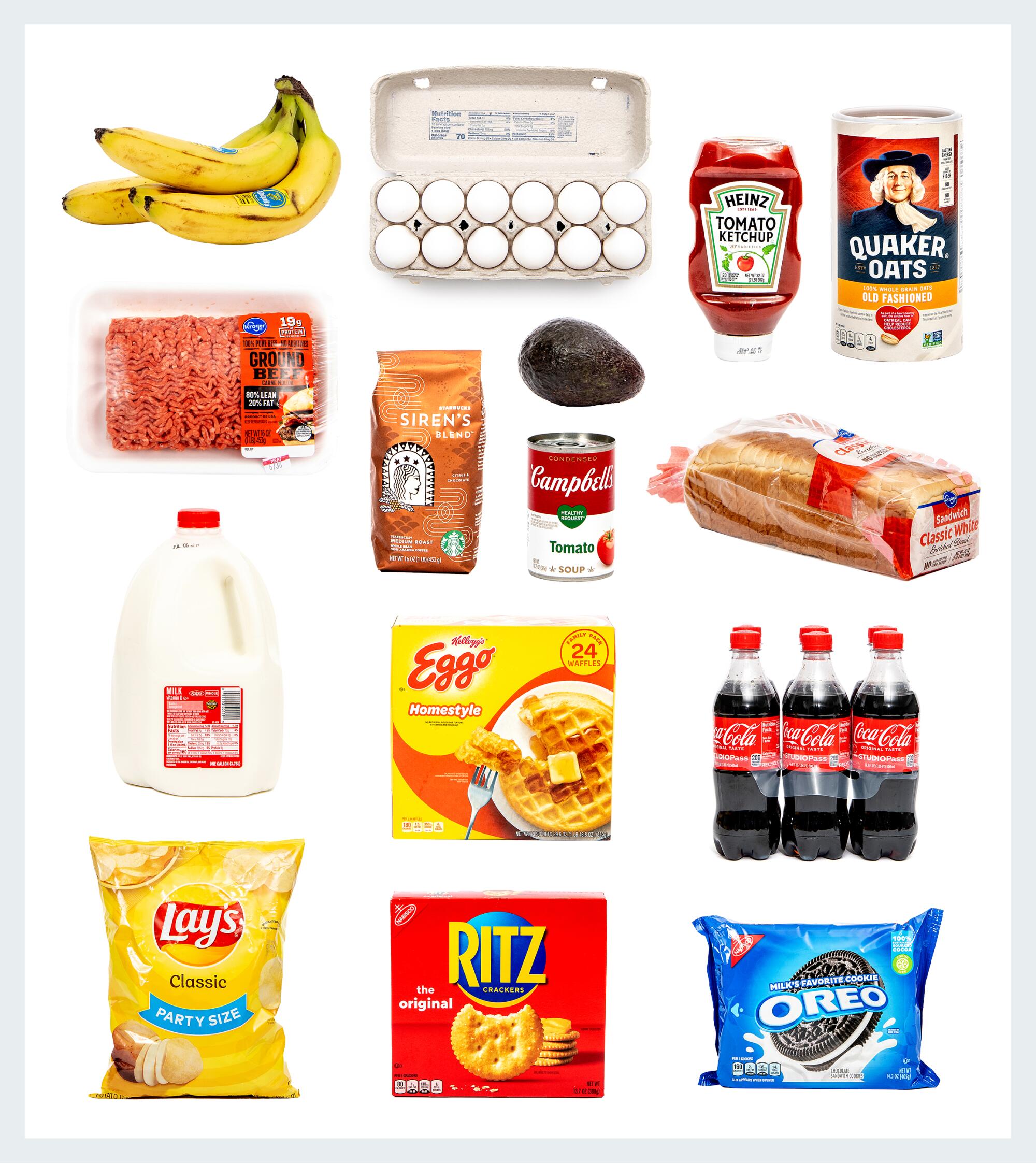 montage of 15 grocery items bought for price comparison shopping.