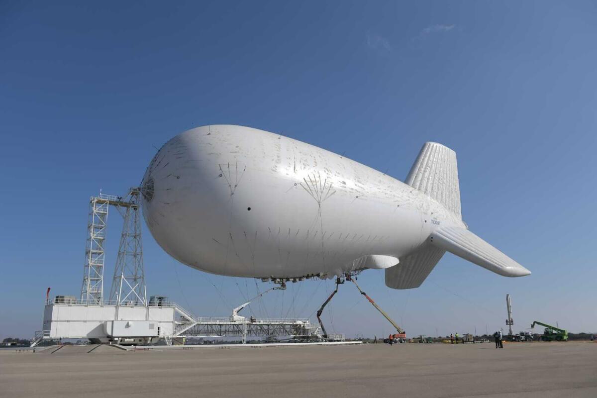 This image released on Wednesday, Nov. 3, 2021 by the Israel Ministry of Defense Spokesperson's office shows a High Availability Aerostat System. Israel says it has begun testing the massive inflatable missile detection system designed to hover at high altitudes and detect long-range threats. (Israel Ministry of Defense Spokesperson's office via AP)