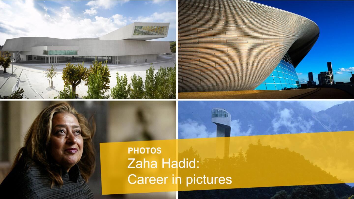 Clockwise from top left: MAXXI contemporary art museum in Rome; London Aquatics Centre; Bergisel ski jump in Austria; Zaha Hadid in West Hollywood in March 2004