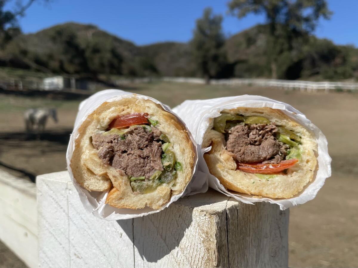 Attari Sandwich Shop tongue sandwich and Inspiration Point Loop at Will Rogers State Historic Park.