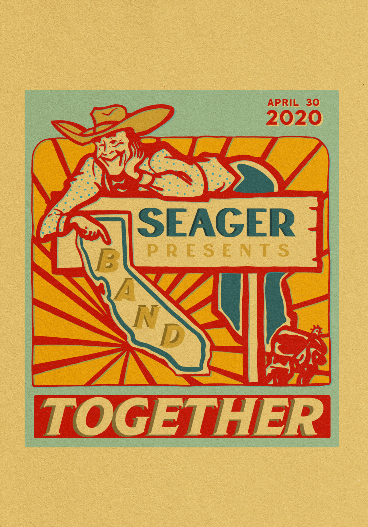 A promotional flyer for "Band Toegther," presented by Seager on April 30