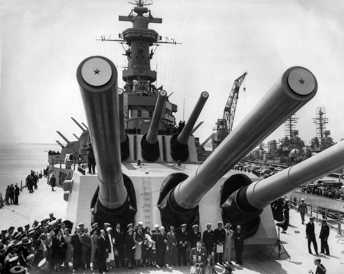 April 12, 1951: Ceremony aboard the Missouri in Long Beach following the ship's return from deployment to Korea.