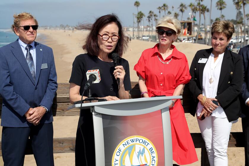 NEWPORT BEACH, CA - Rep. Michelle Steel (R-CA) speaks during a public update on the Surfside-Sunset Sand Replenishment Project on Tuesday, August 16, 2022 at Balboa Pier in Newport Beach, CA. (Kevin Chang / Daily Pilot)