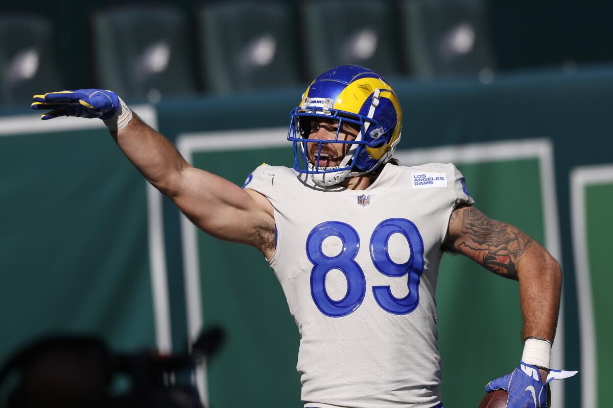 Rams tight end Tyler Higbee celebrates after catching a touchdown pass against the Philadelphia Eagles.