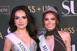 Former Miss Teen USA and Miss USA 2024 pose together wearing, gowns, tiaras and sashes
