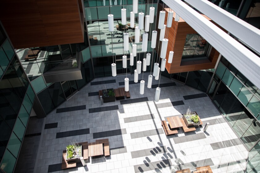 A view of the central outdoor atrium from the fourth floor balcony at The Paladion in downtown San Diego.