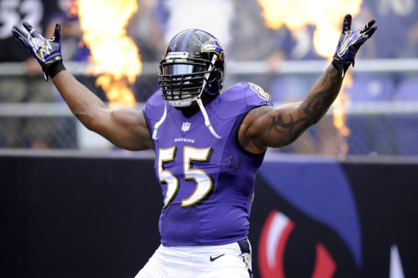 Ravens linebacker Terrell Suggs is introduced before a game in Baltimore last season.