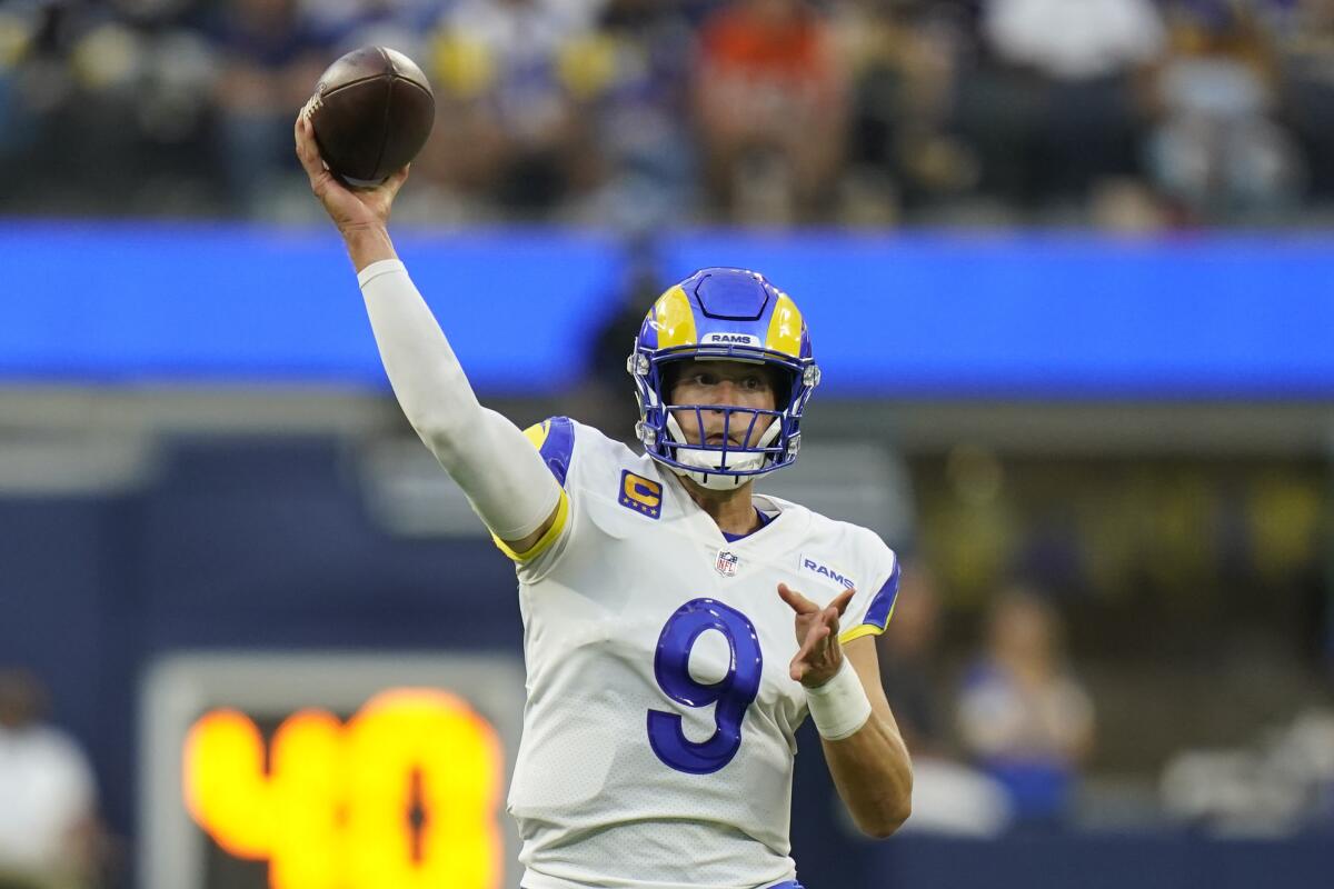 Los Angeles Rams quarterback Matthew Stafford throws a pass during the first half of an NFL football game against the Chicago Bears, Sunday, Sept. 12, 2021, in Inglewood, Calif. (AP Photo/Jae C. Hong)