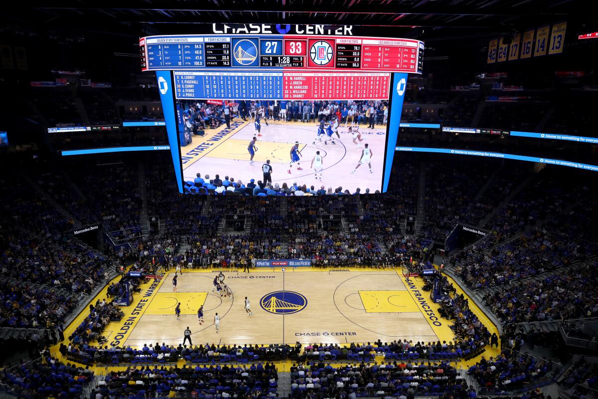A bird's-eye view of Chase Center during the season-opening game between the Warriors and Clippers on Oct. 24, 2019.