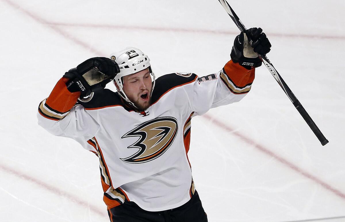 Matt Beleskey celebrates after scoring a goal for the Ducks against the Chicago Blackhawks during Game 4 of the Western Conference finals on May 23.
