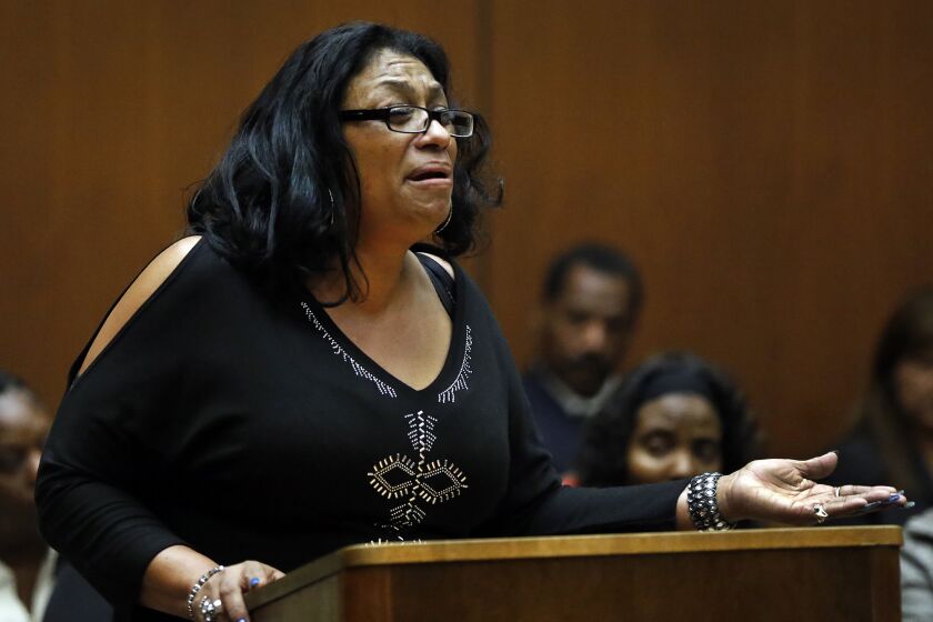 Enietra Washington, the only known survivor of the serial killer known as the Grim Sleeper, addresses Lonnie Franklin Jr., the man accused of attacking her, in February 2015.